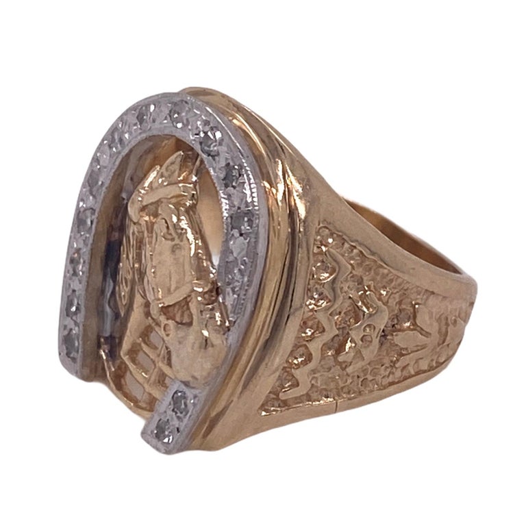 Diamond Horseshoe 14 Karat Yellow Gold Vintage Horse Ring at 1stDibs