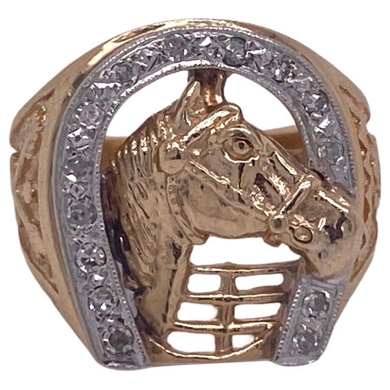 Diamond Horseshoe 14 Karat Yellow Gold Vintage Horse Ring at 1stDibs