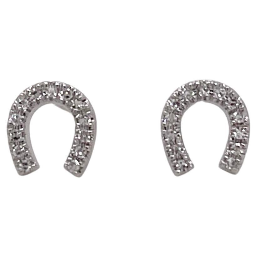 Diamond Horseshoe Stud Earrings .06 Carats, 14K White Gold Dainty Diamond Studs For Sale
