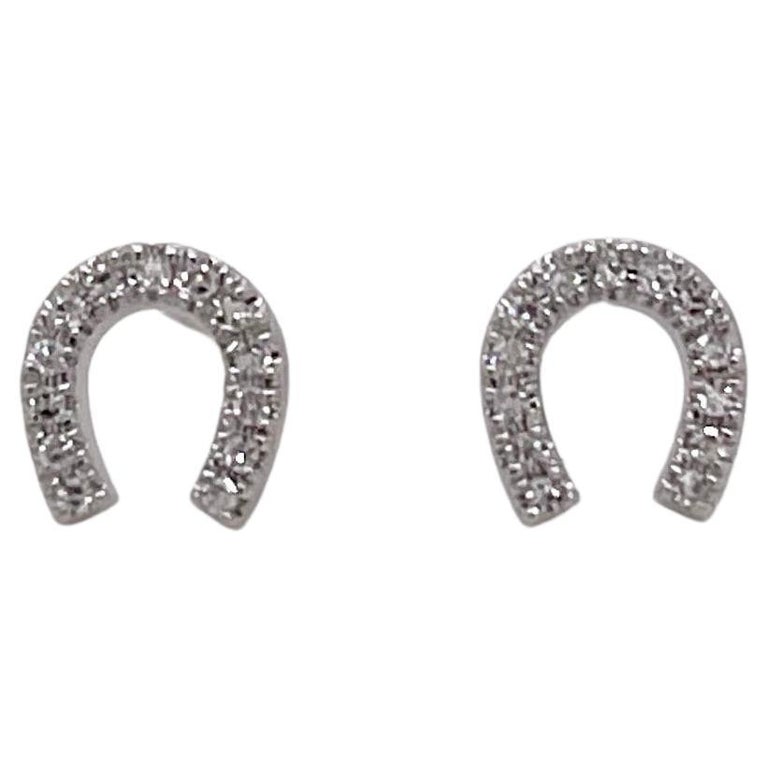 Diamond Horseshoe Stud Earrings .06 Carats, 14K White Gold Dainty