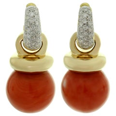Diamond Huggie Detachable Natural Coral Charms Earrings