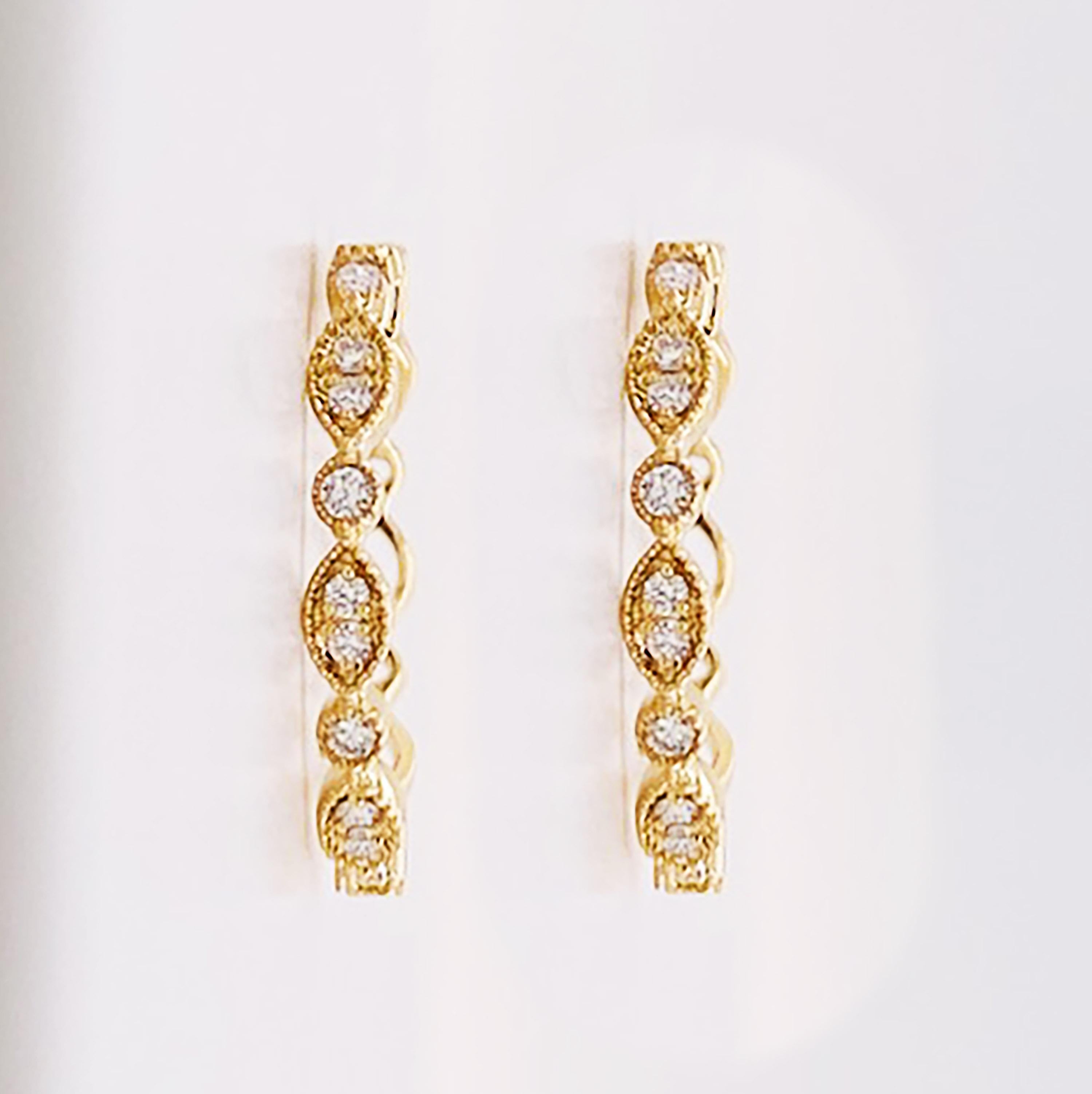 Round Cut Diamond Huggie Earrings 14K Gold .16 Carat Diamond Medium Hoops Milgrain For Sale