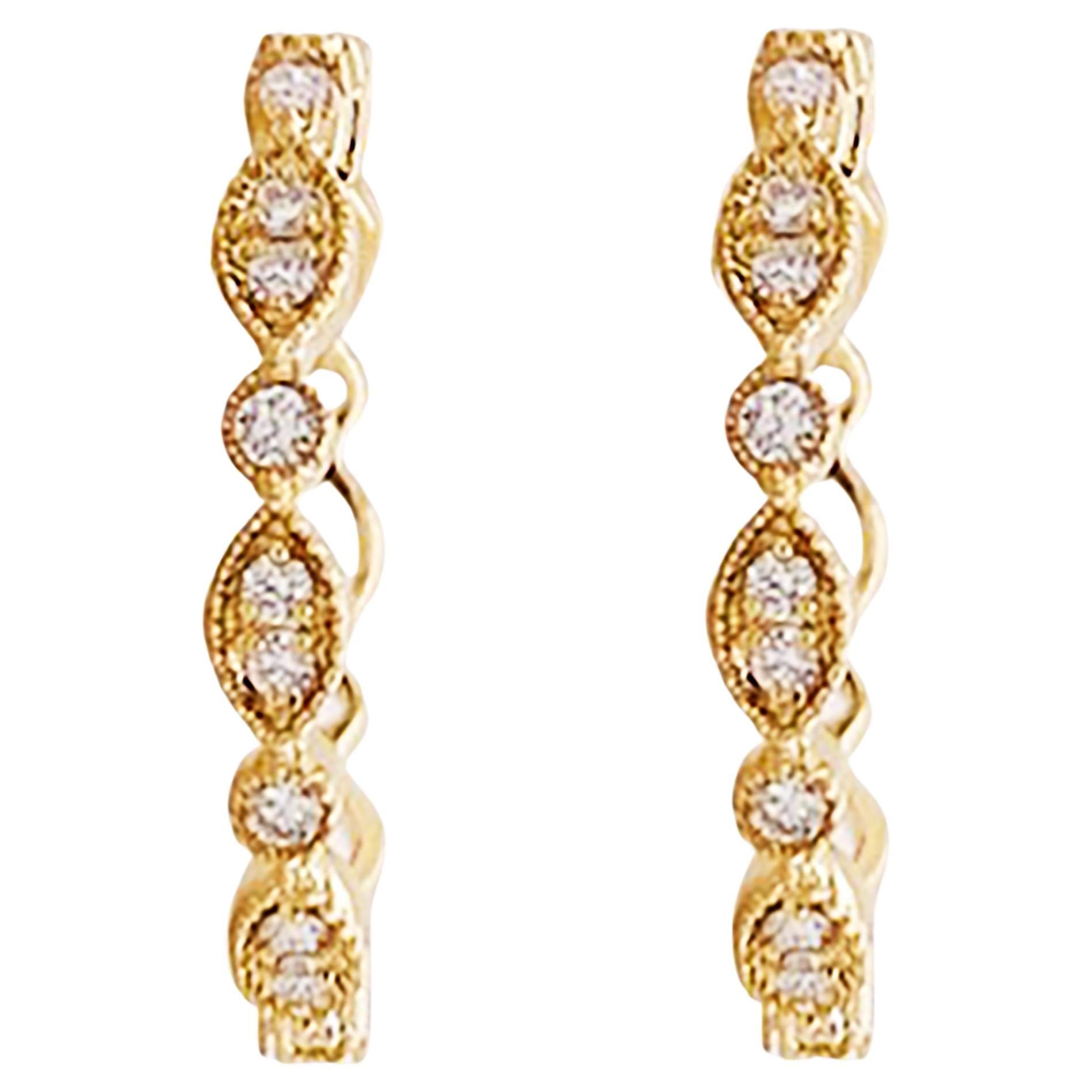 Diamond Huggie Earrings 14K Gold .16 Carat Diamond Medium Hoops Milgrain For Sale