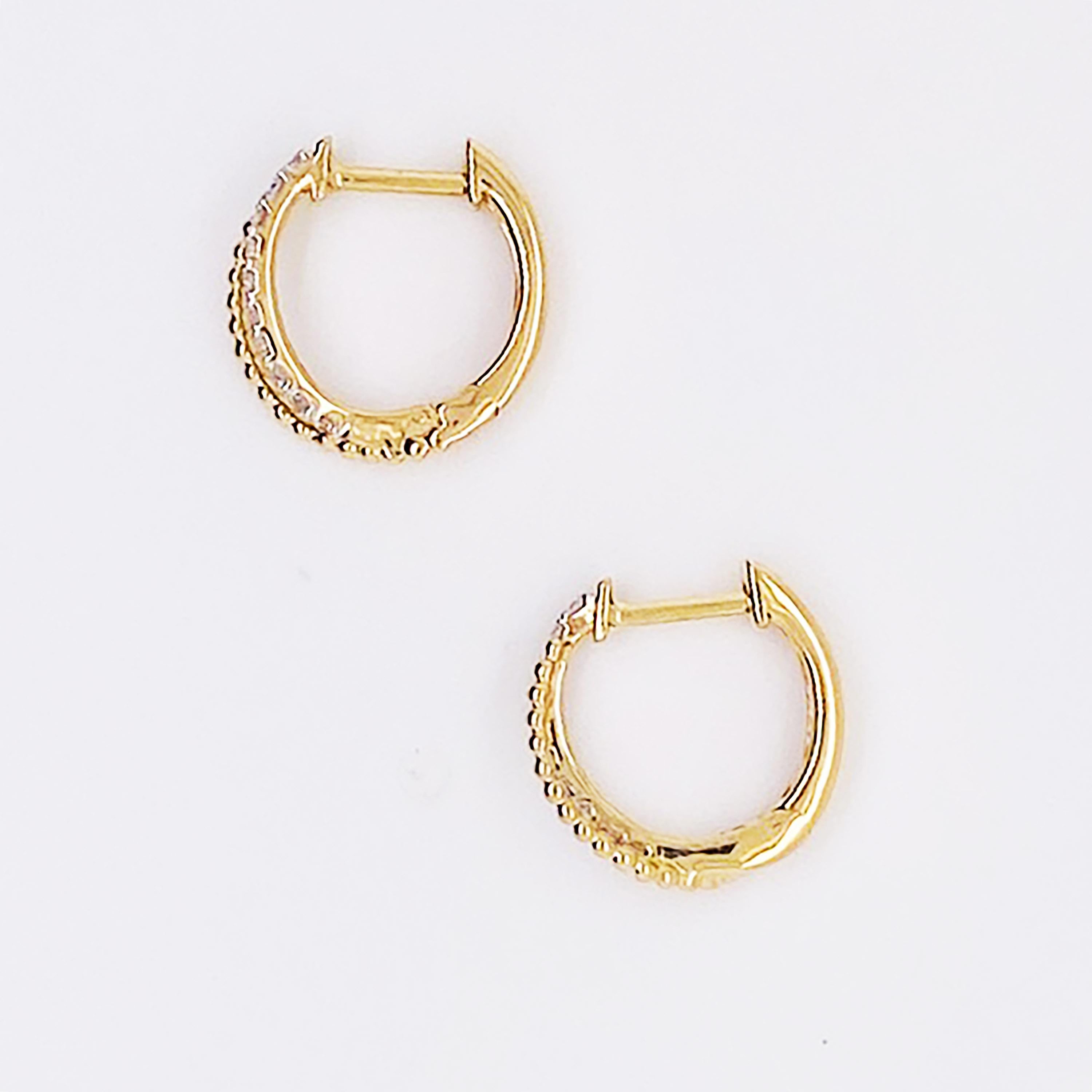 Diamond Huggie Earrings 14K Gold Beaded Twist Diamond Earring Mini Hoops In New Condition For Sale In Austin, TX