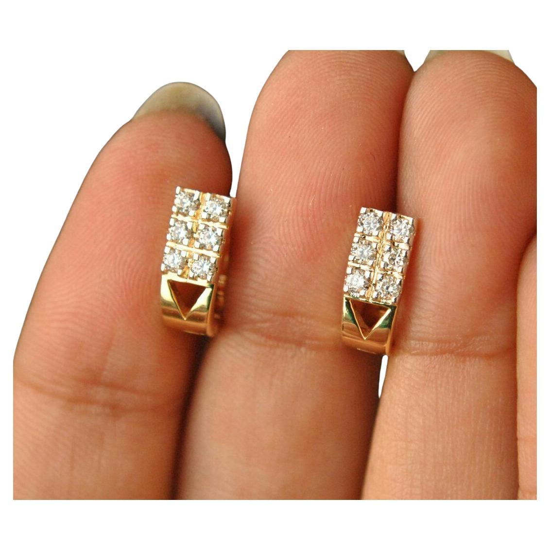 Diamond Huggie Earrings 14K Solid Yellow Gold U Shape Small Clicker Summer Gift.