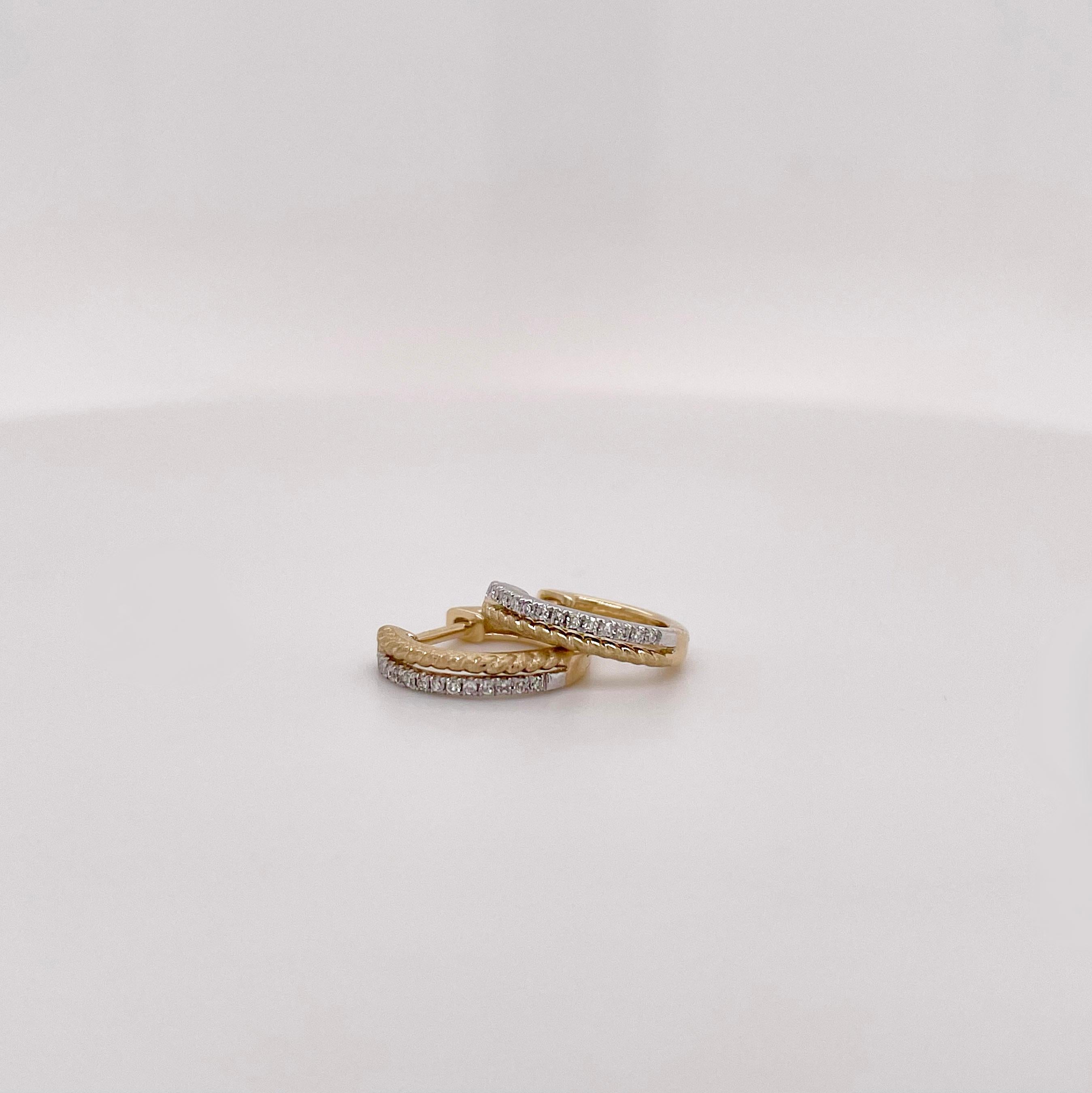 Adorable, sweet diamond huggie earrings! Made with solid 14k yellow gold and genuine, natural diamonds (set in 14K white gold). These huggies have a twisted gold rope design next to a row of high quality round brilliant diamonds! The design looks