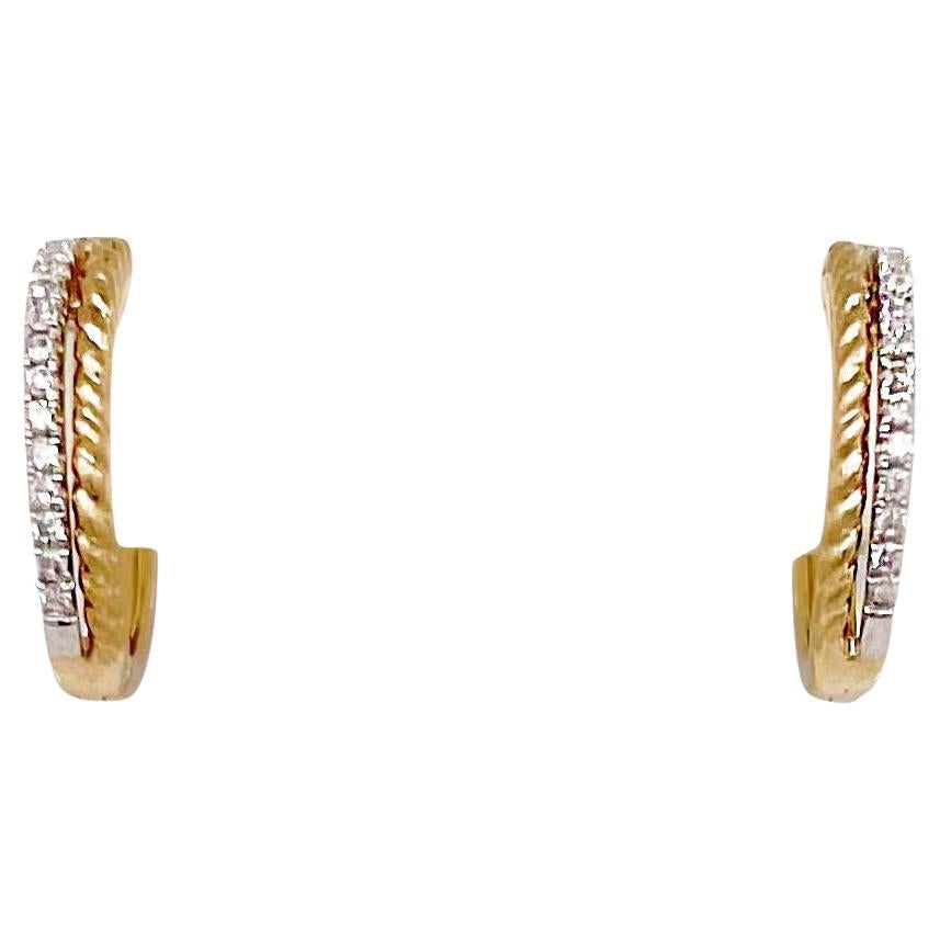 Diamond Huggie Earrings 14K Two Tone Gold Twisted Rope & Diamond Small Hoops For Sale