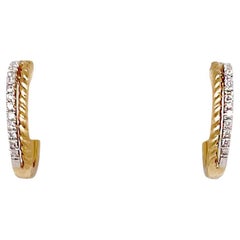 Diamond Huggie Earrings 14K Two Tone Gold Twisted Rope & Diamond Small Hoops