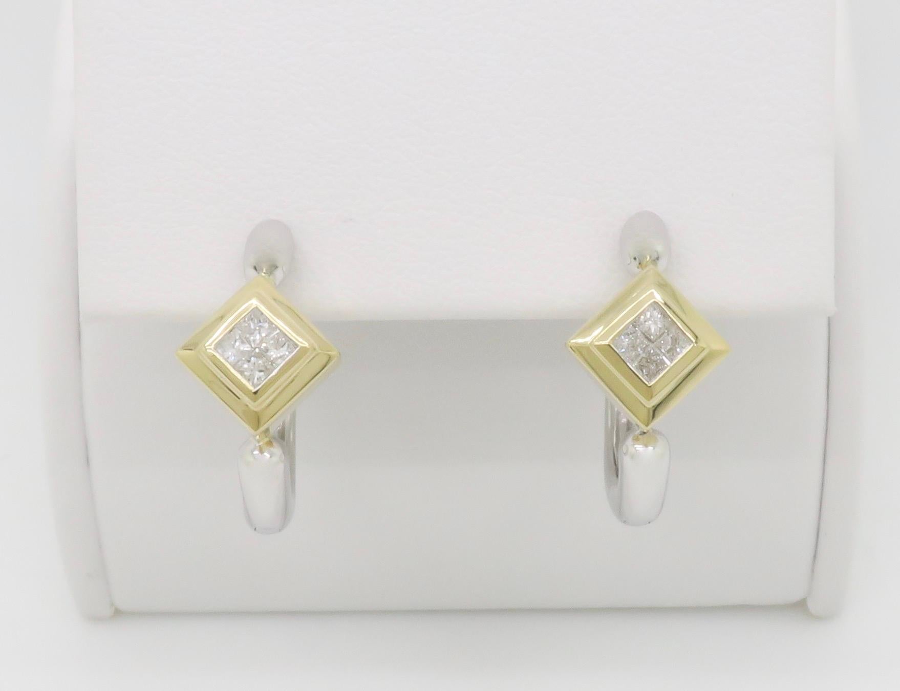 Two tone diamond huggie earrings made with .35ctw of diamonds. 

Diamond Carat Weight: Approximately .35CTW 
Diamond Cut: Princess Cut Diamonds
Color: G-H
Clarity: Average SI-I
Metal: 14K White & Yellow Gold
Marked/Tested: Stamped  “14K