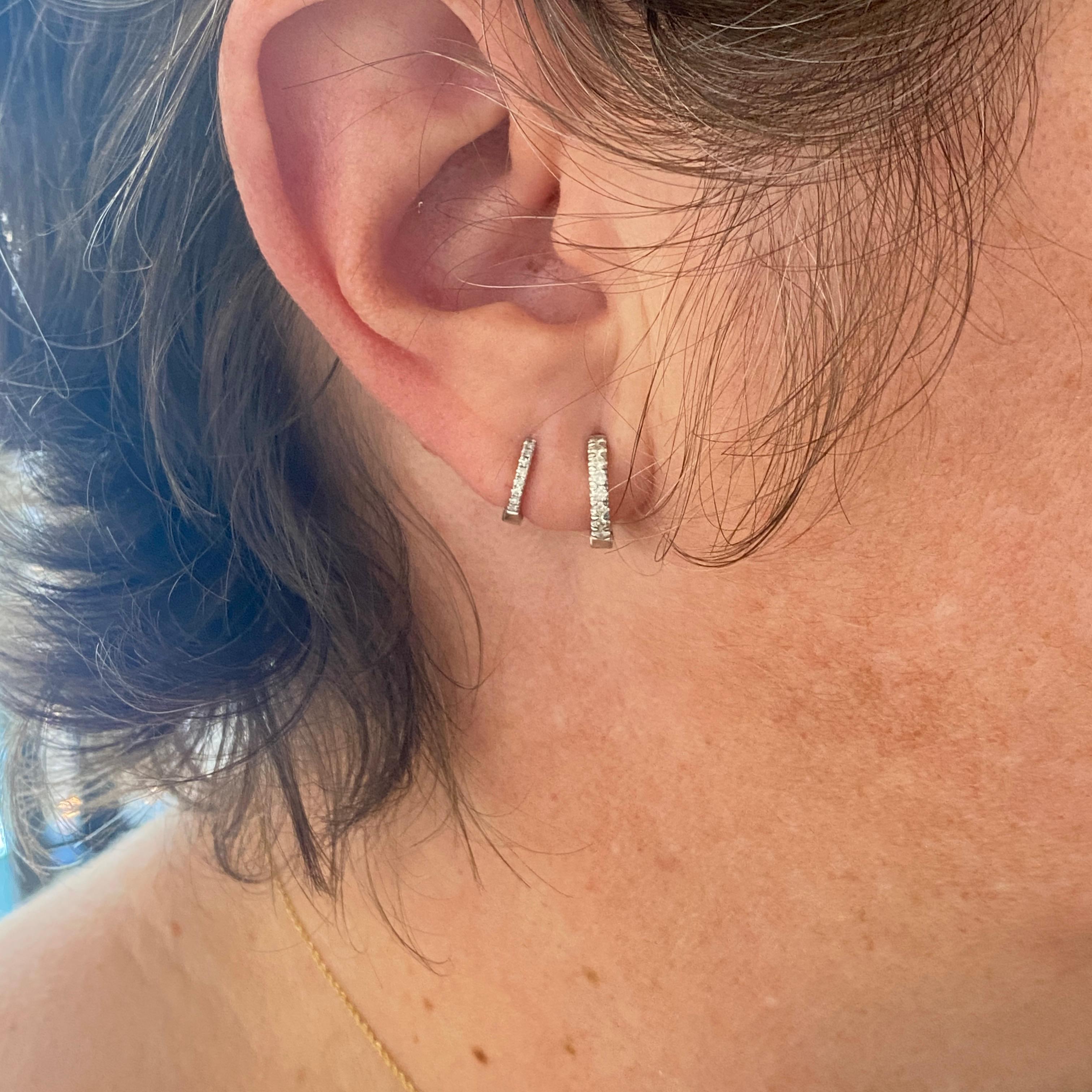 Contemporary Diamond Huggie Hoops 10mm 14K White Gold Petite Stack Earrings Small For Sale