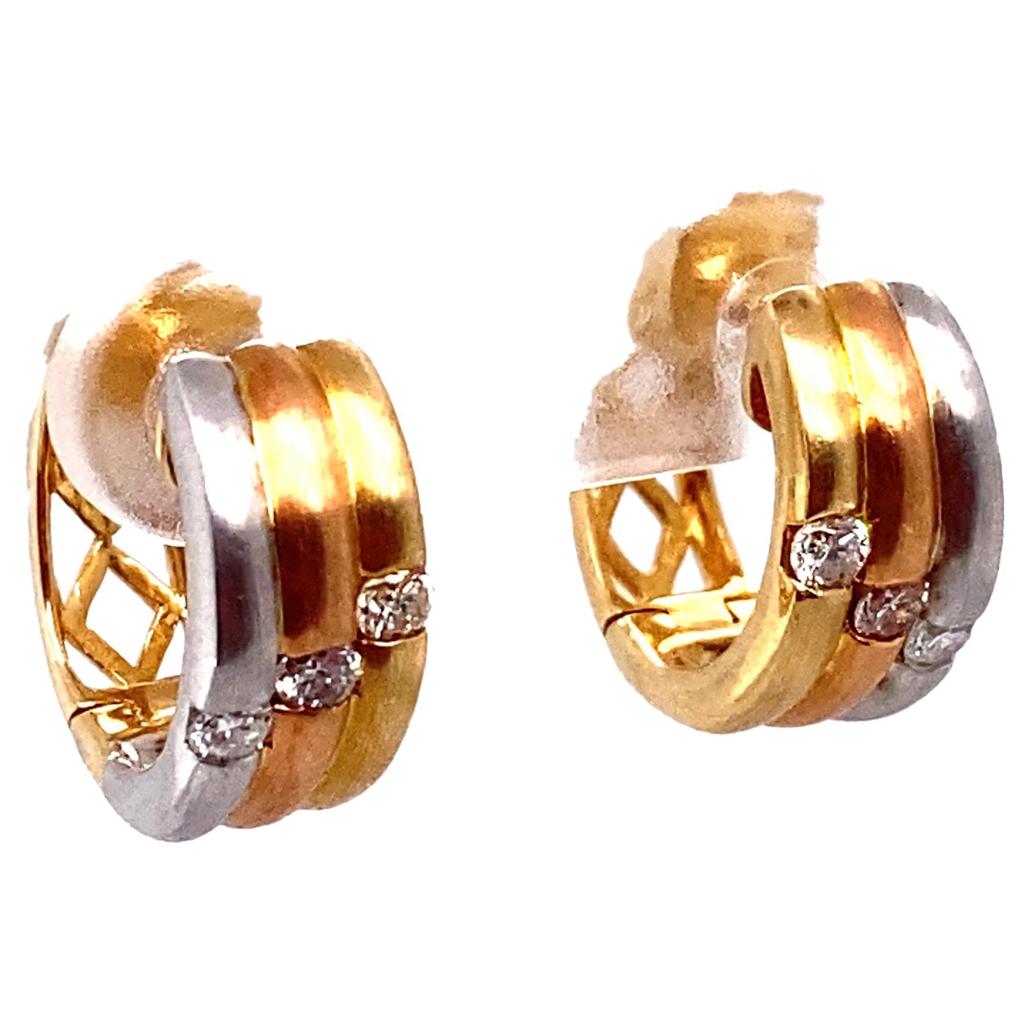 Diamond Huggie Hoop Earrings in 14 Karat Tricolor Gold For Sale