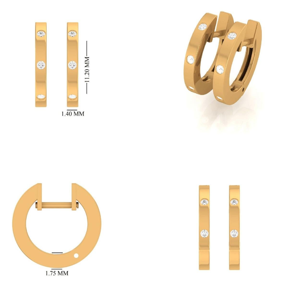 Round Cut Diamond Huggie Hoop Kids Earrings in 14k Solid Gold (Certified) For Sale