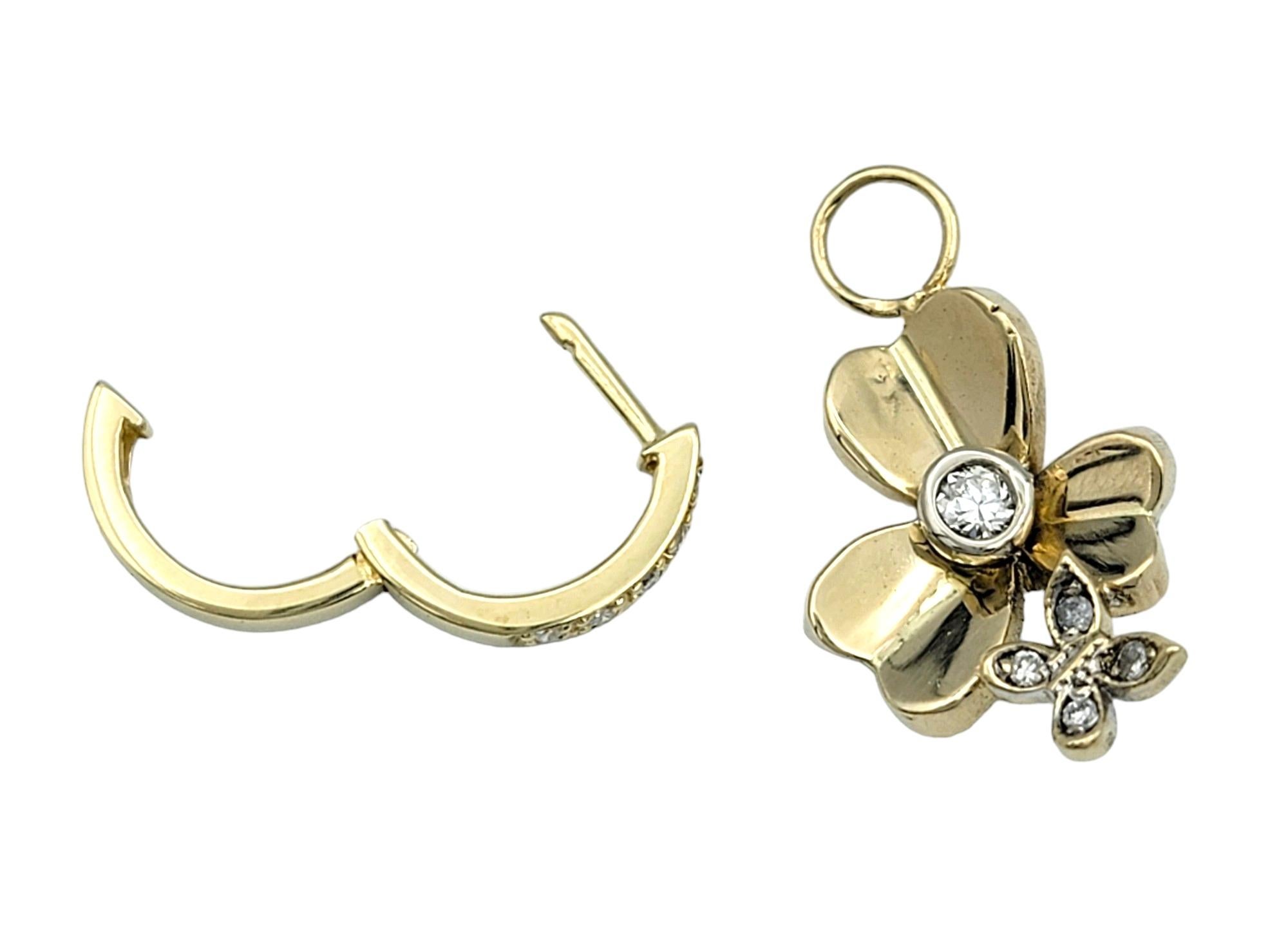 Contemporary Diamond Huggie Hoops with Flower and Butterfly Dangle in 14 Karat Yellow Gold For Sale