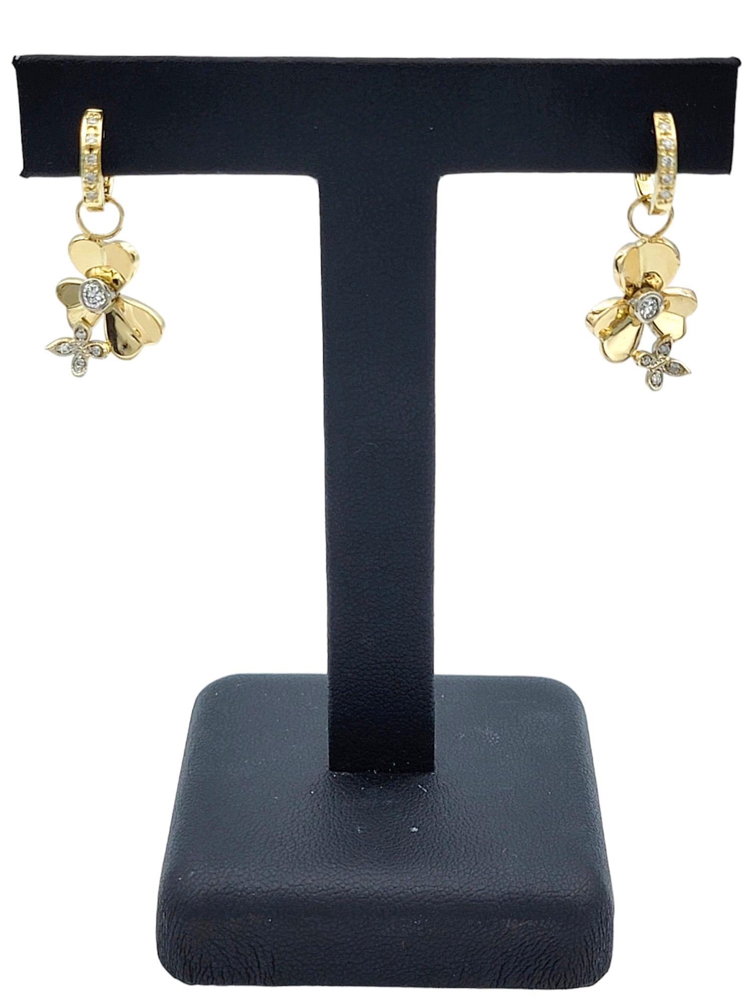 Diamond Huggie Hoops with Flower and Butterfly Dangle in 14 Karat Yellow Gold For Sale 2