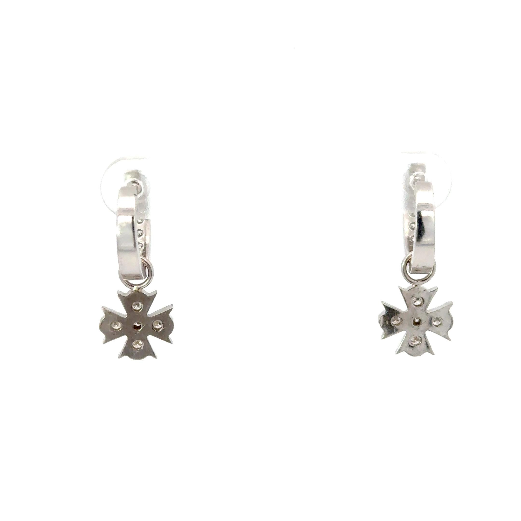 Diamond Huggies in 18K White Gold with Diamond Cross Dangles in 14K White Gold. The huggies feature dangle crosses that can be removed. Length of huggies with crosses is 7/8