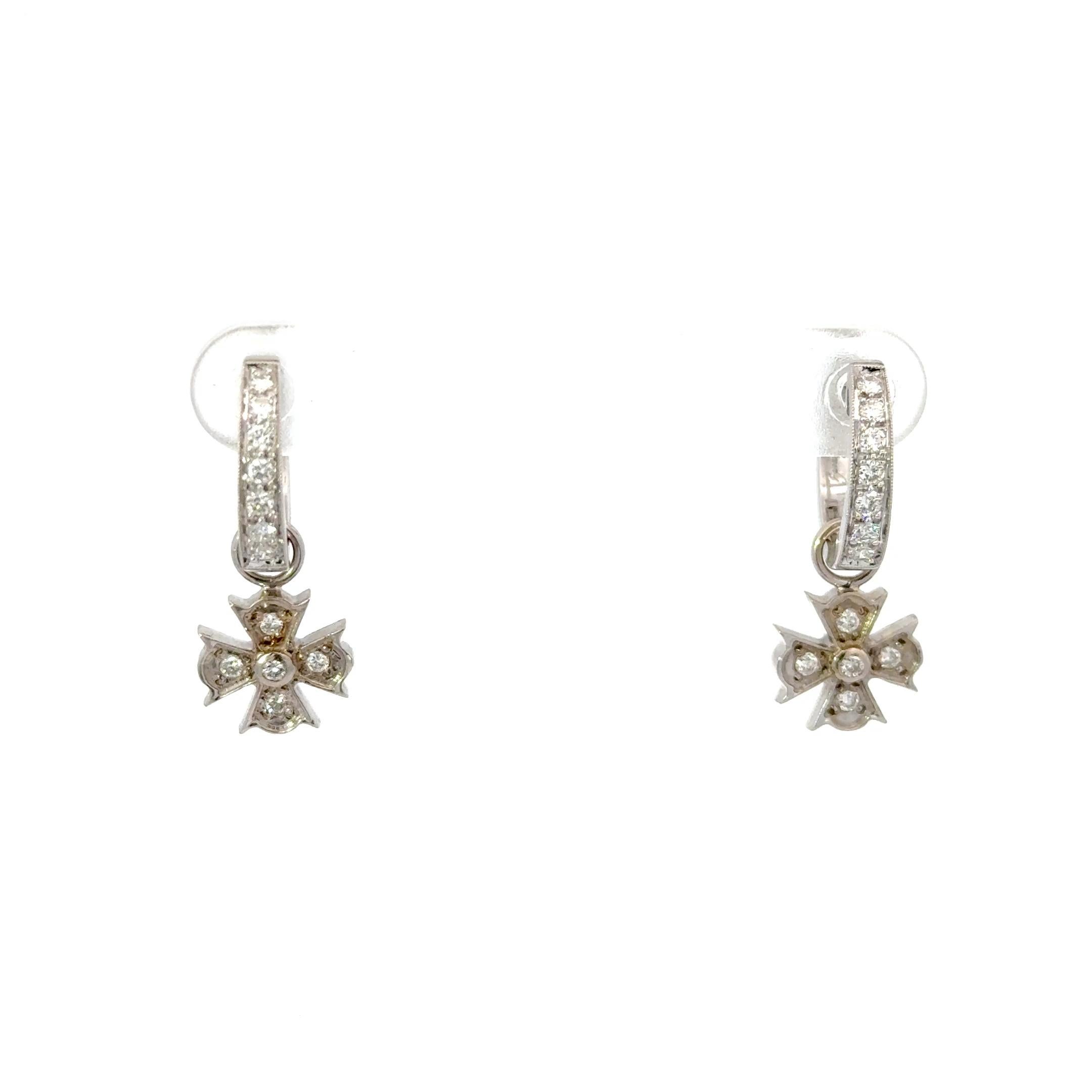 Round Cut Diamond Huggies with Diamond Cross Dangles White Gold For Sale