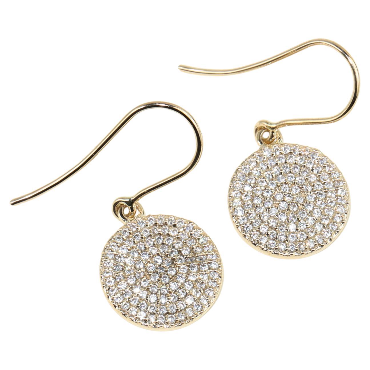 Natural Diamond Disc Hoop Drop Earrings in 18K Yellow Gold – VS/E Color, ArtDeco