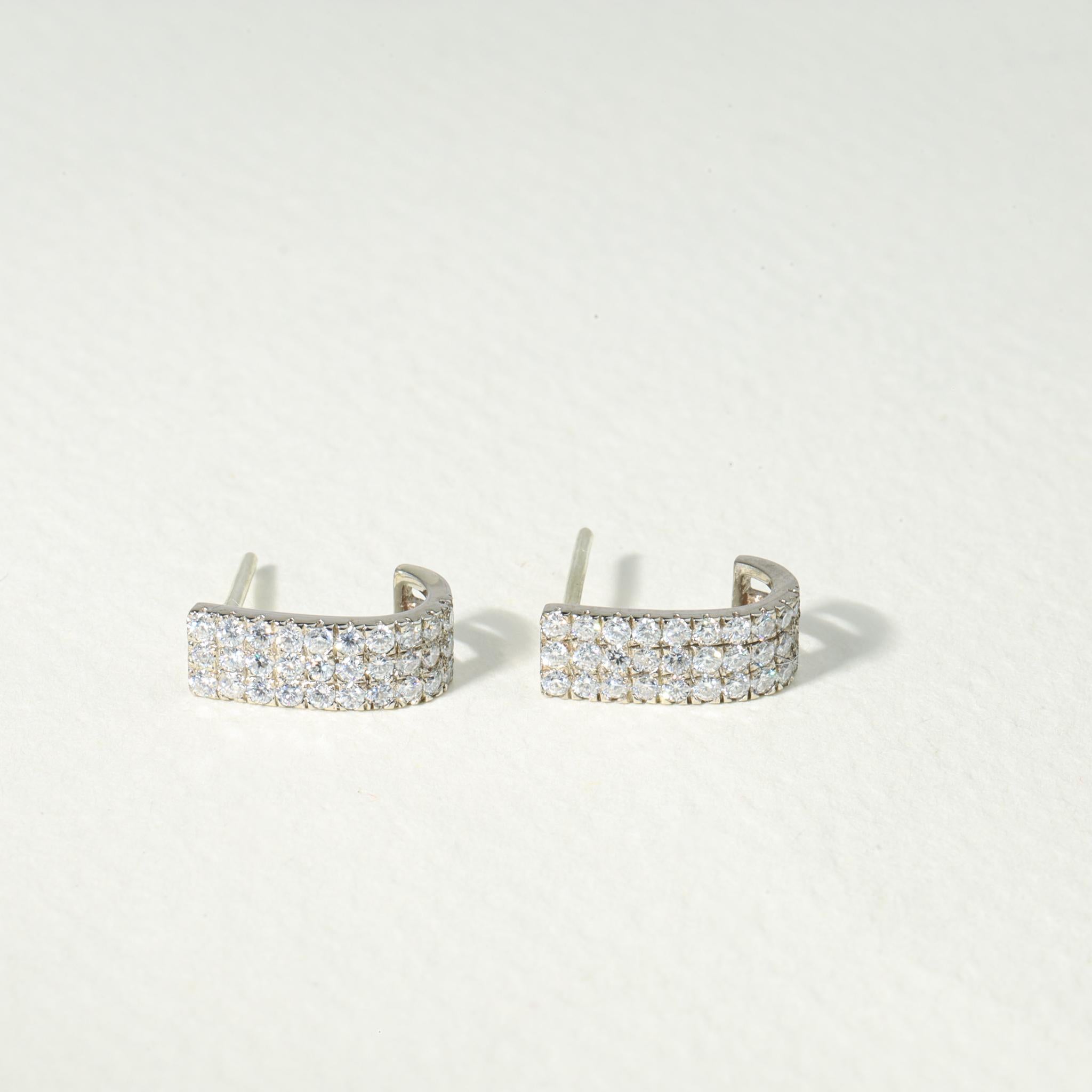 Art Deco Diamond Iced Out Hoop Huggie Stud Earrings with E VS Diamonds  For Sale