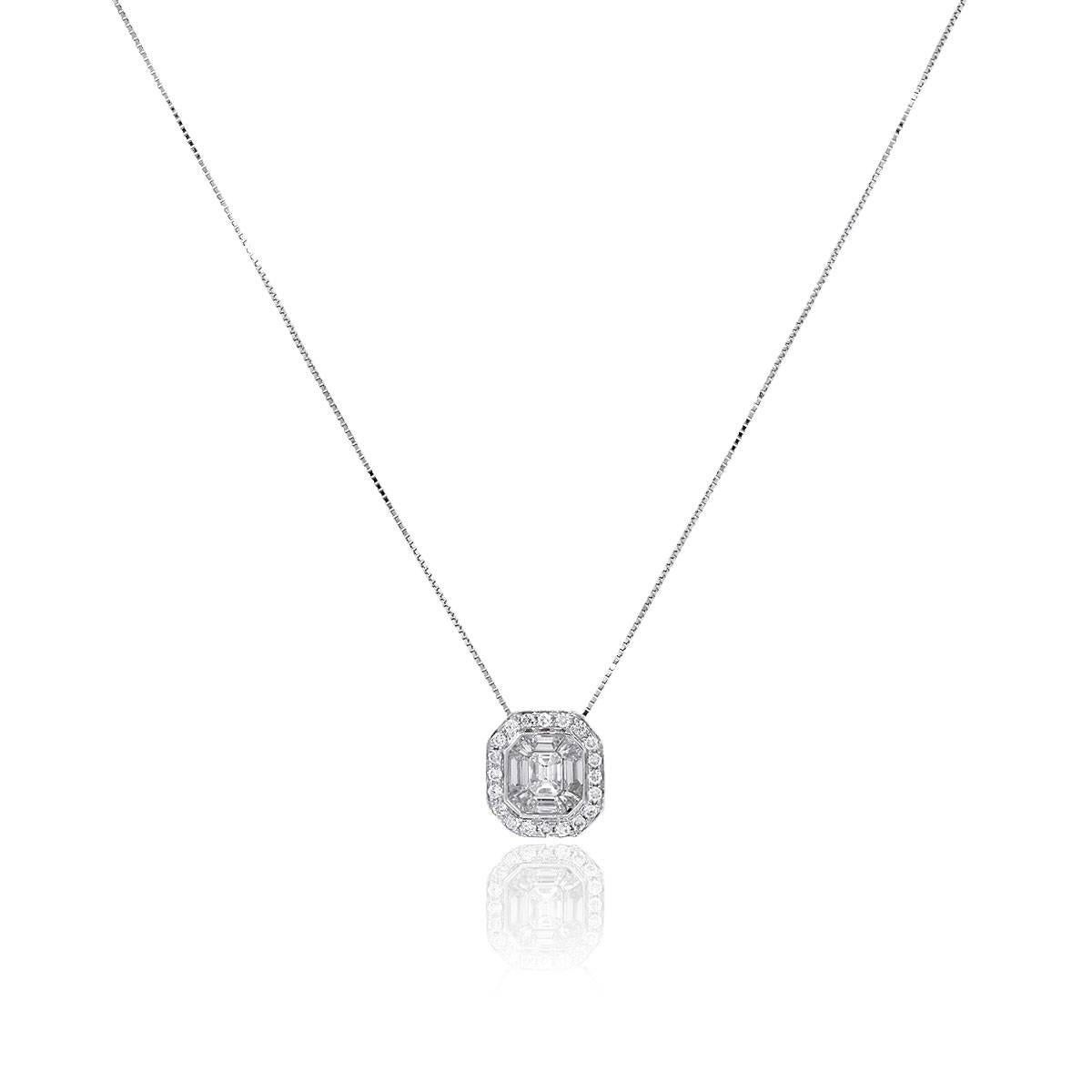 Material: 18k White Gold
Round Diamond Details: Approximately 0.14ctw of round brilliant diamonds. Diamond are G/H in color and VS in clarity.
Baguette Diamond Details: Approximately 0.53ctw of baguette diamonds. Diamonds are G/H in color and VS in