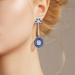 Diamond Illusion Set Blue Sapphire Art Deco Style Drop Earrings in 18K Gold