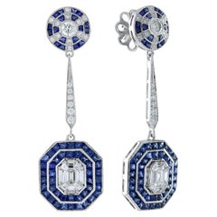 Diamond Illusion Set Blue Sapphire Art Deco Style Drop Earrings in 18K Gold