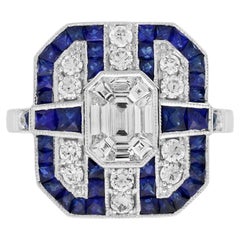 Diamond Illusion Set Blue Sapphire Art Deco Style Engagement Ring in 18K Gold