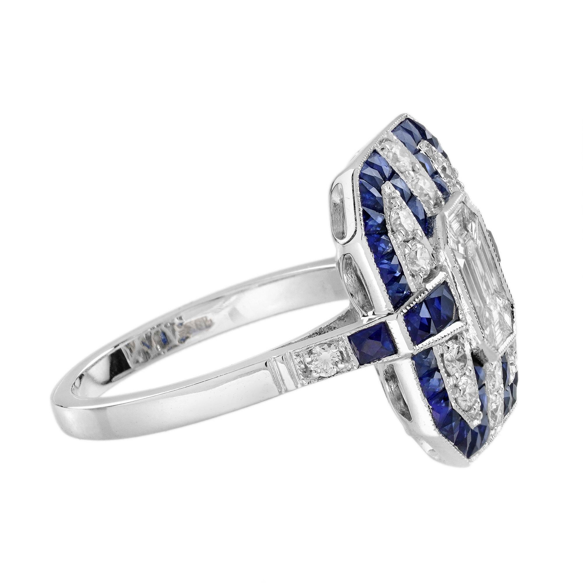 Anillo de oro blanco estilo Art Decó con diamantes en engaste ilusión y zafiro azul Fancy Halo Corte mixto en venta