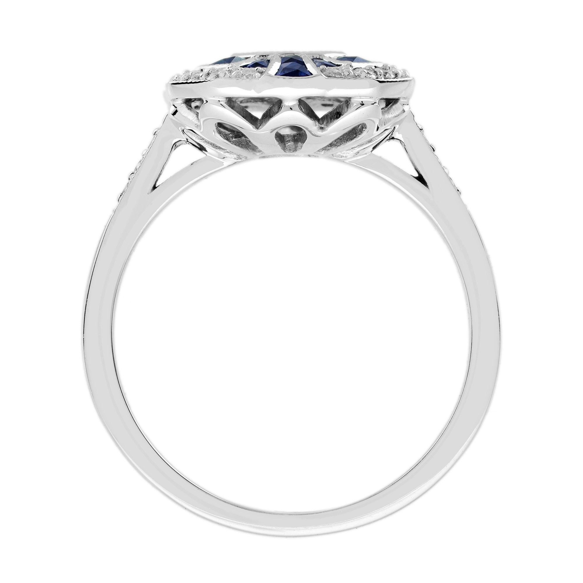 Anillo de oro blanco estilo Art Decó con diamantes en engaste ilusión y zafiro azul Fancy Halo en Nuevo estado para la venta en Oakton, VA