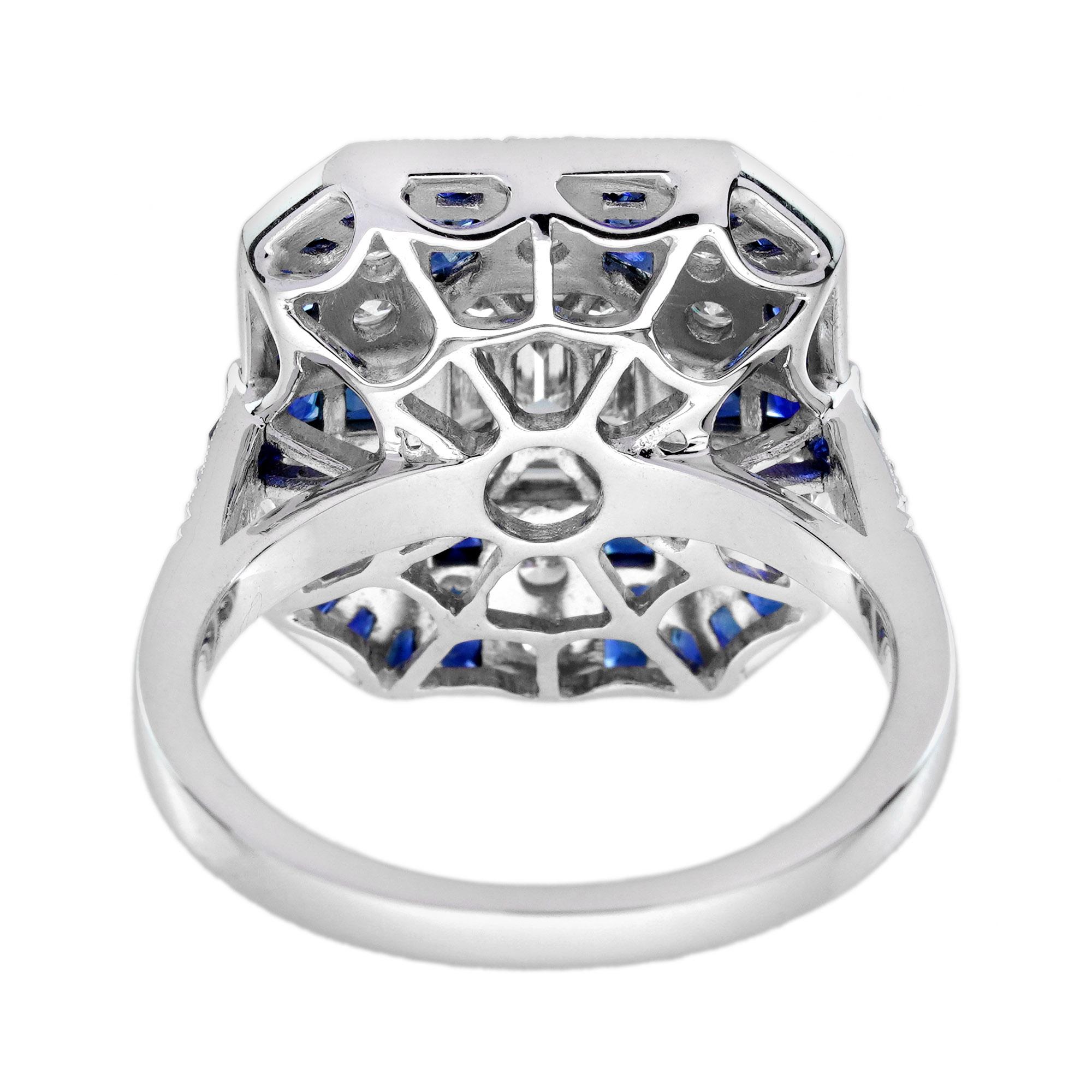 Anillo de oro blanco estilo Art Decó con diamantes en engaste ilusión y zafiro azul Fancy Halo en Nuevo estado para la venta en Oakton, VA