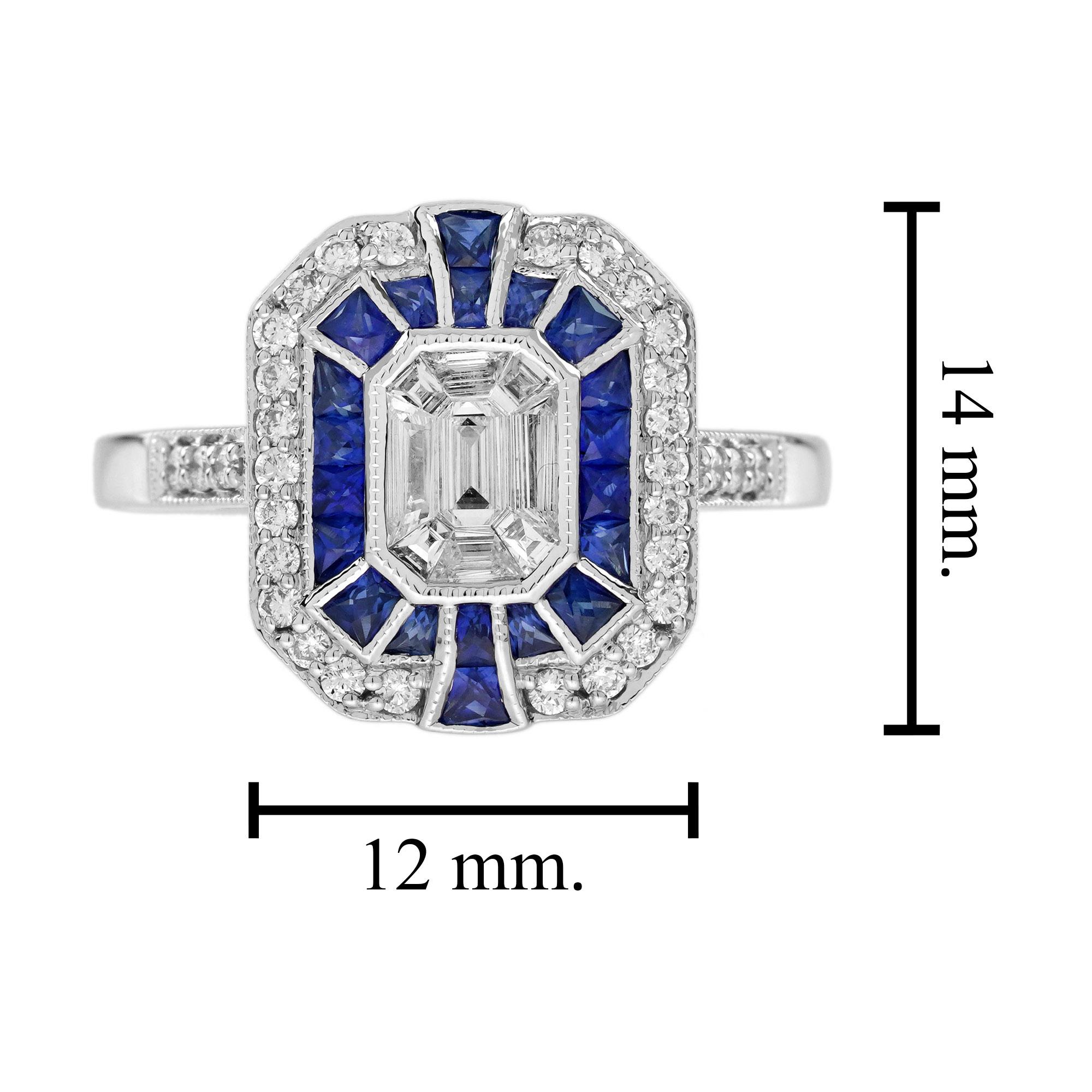 Femenino o masculino Anillo de oro blanco estilo Art Decó con diamantes en engaste ilusión y zafiro azul Fancy Halo en venta