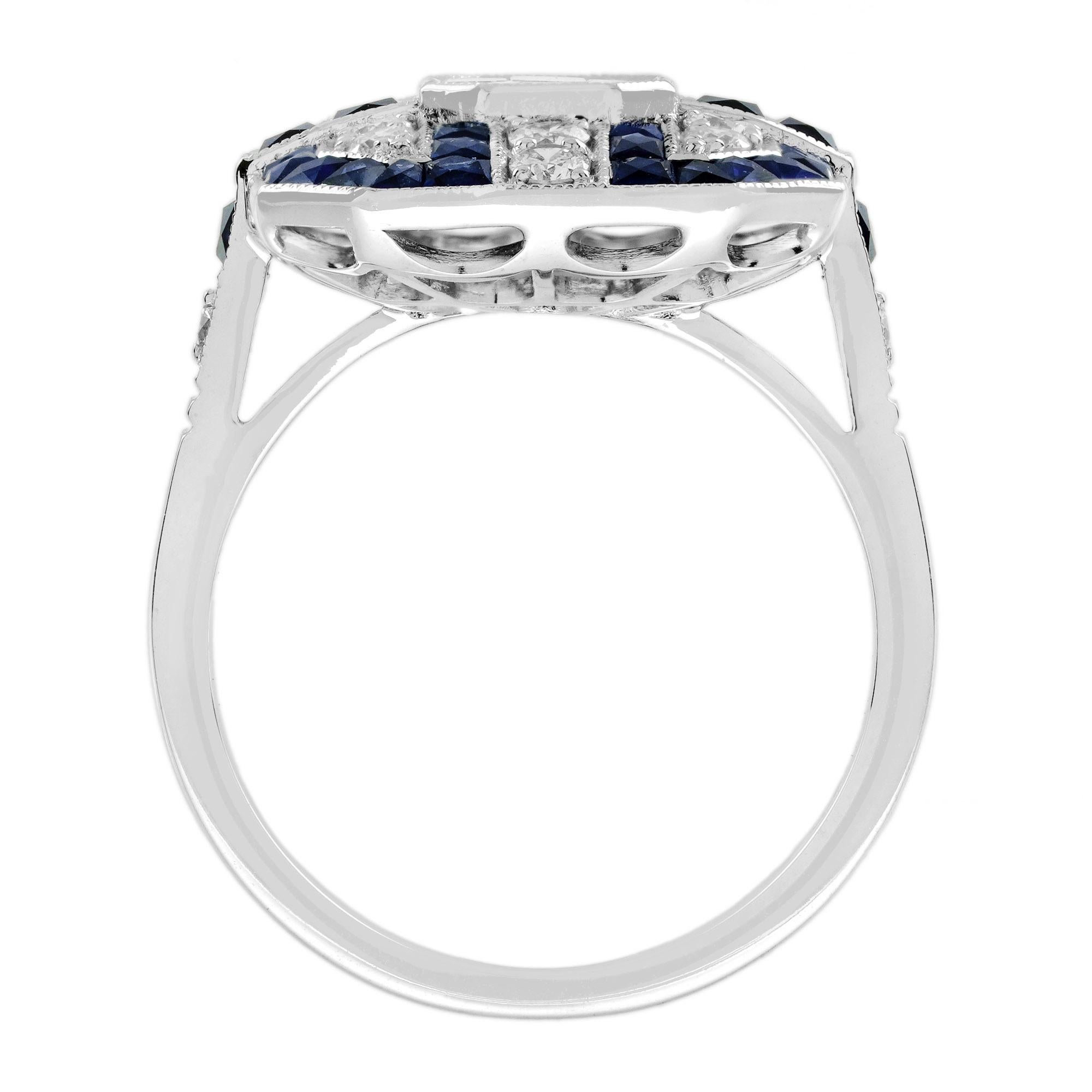 Femenino o masculino Anillo de oro blanco estilo Art Decó con diamantes en engaste ilusión y zafiro azul Fancy Halo en venta
