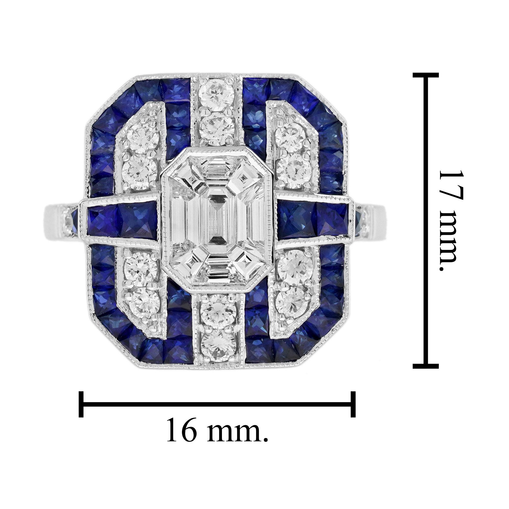 Anillo de oro blanco estilo Art Decó con diamantes en engaste ilusión y zafiro azul Fancy Halo en venta 1