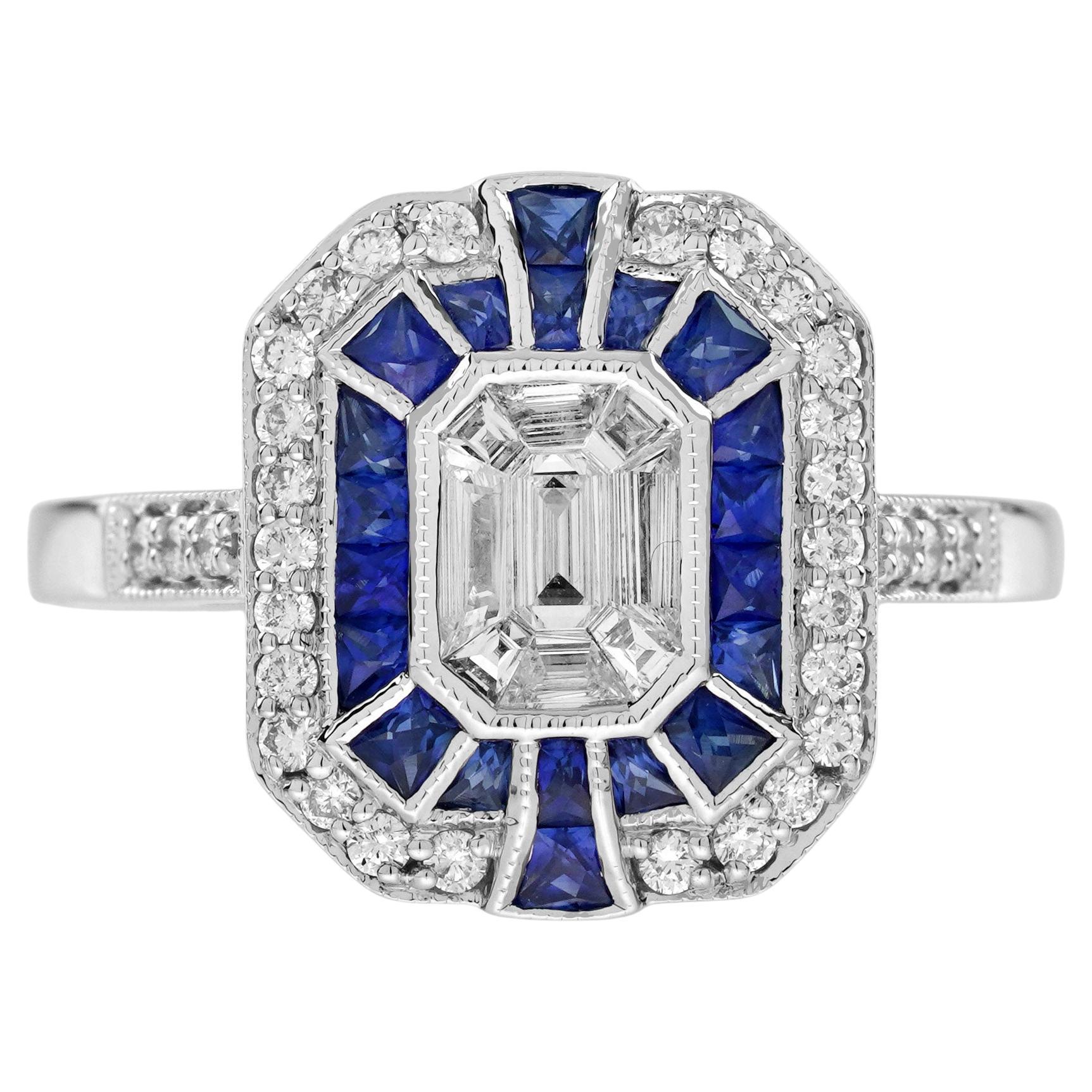 Anillo de oro blanco estilo Art Decó con diamantes en engaste ilusión y zafiro azul Fancy Halo en venta