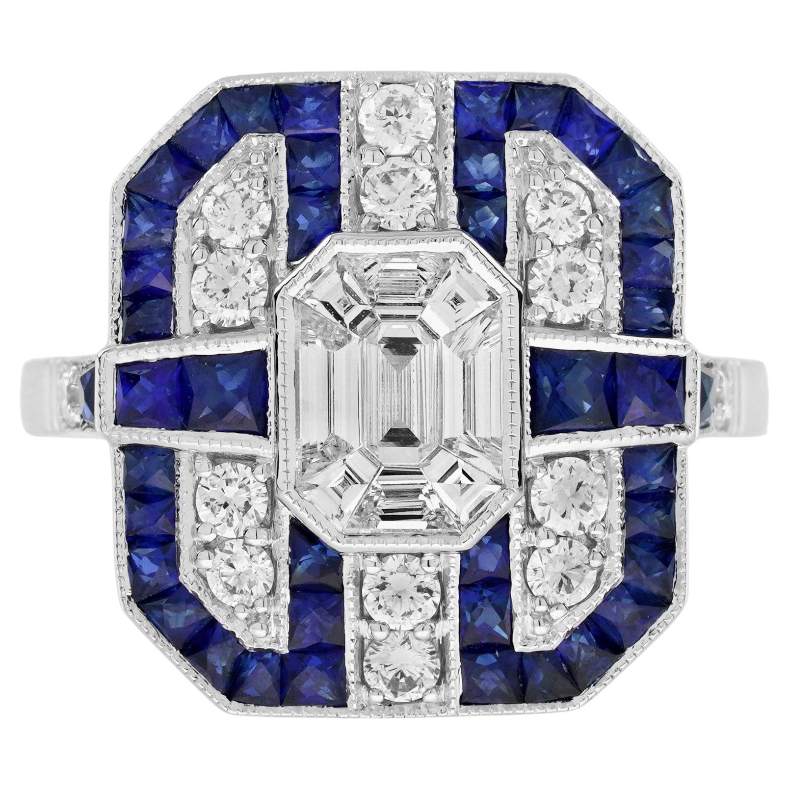 Anillo de oro blanco estilo Art Decó con diamantes en engaste ilusión y zafiro azul Fancy Halo