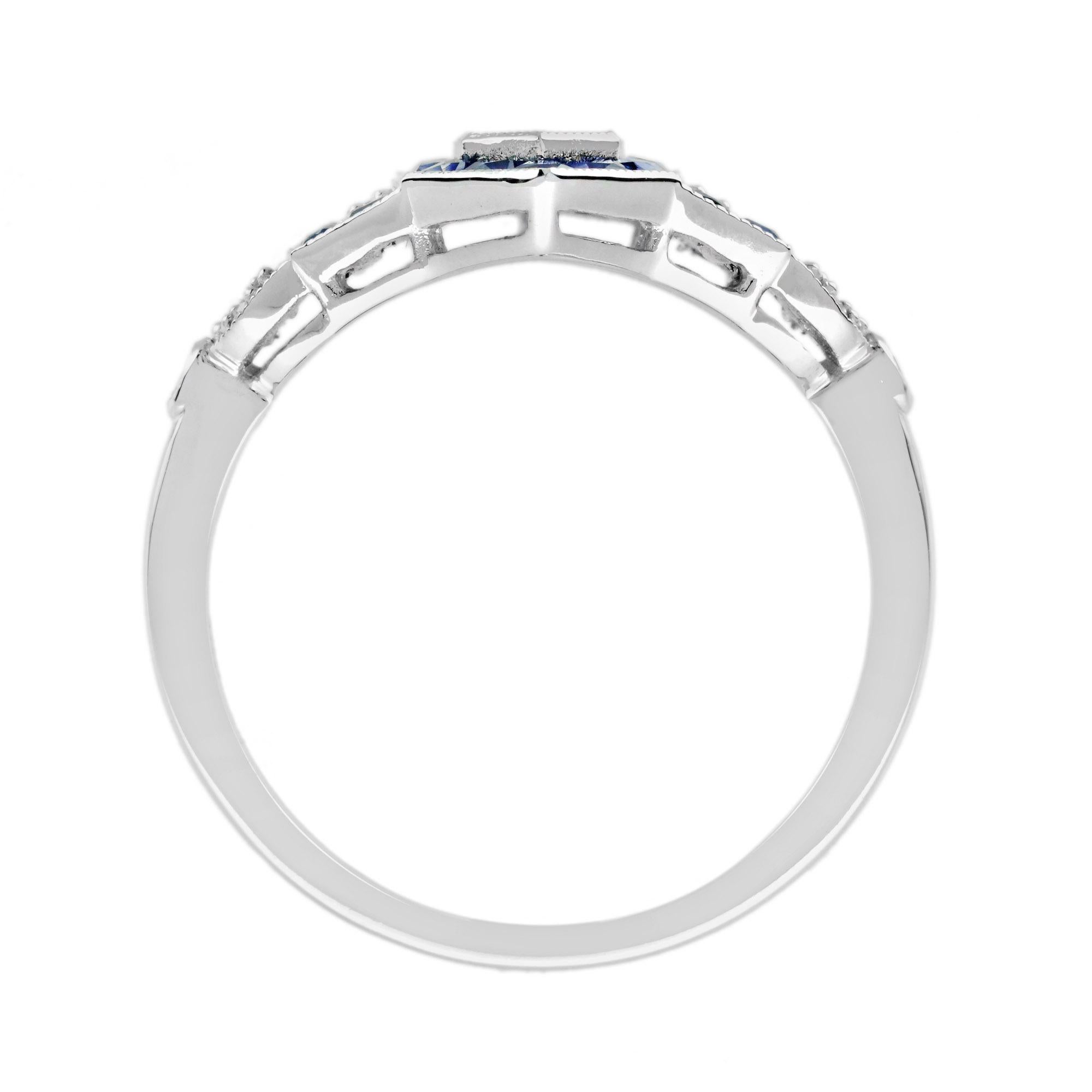 Diamant Illusion Set & Blauer Saphir Halo Art Deco Stil Weißgold Ring (Art déco) im Angebot