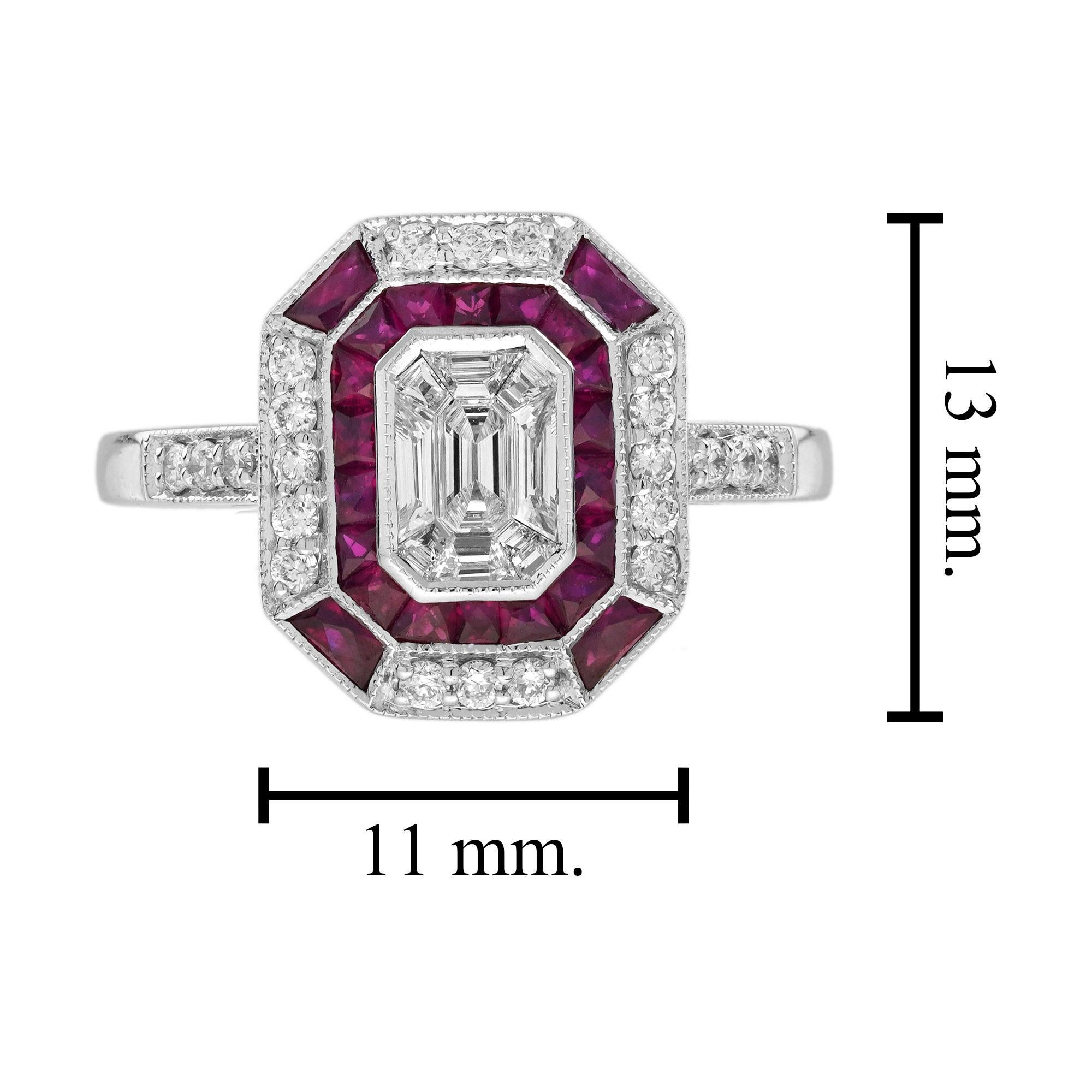 Donna Anello con diamante illusorio e rubino rosso in stile Art Deco in oro bianco 14K in vendita