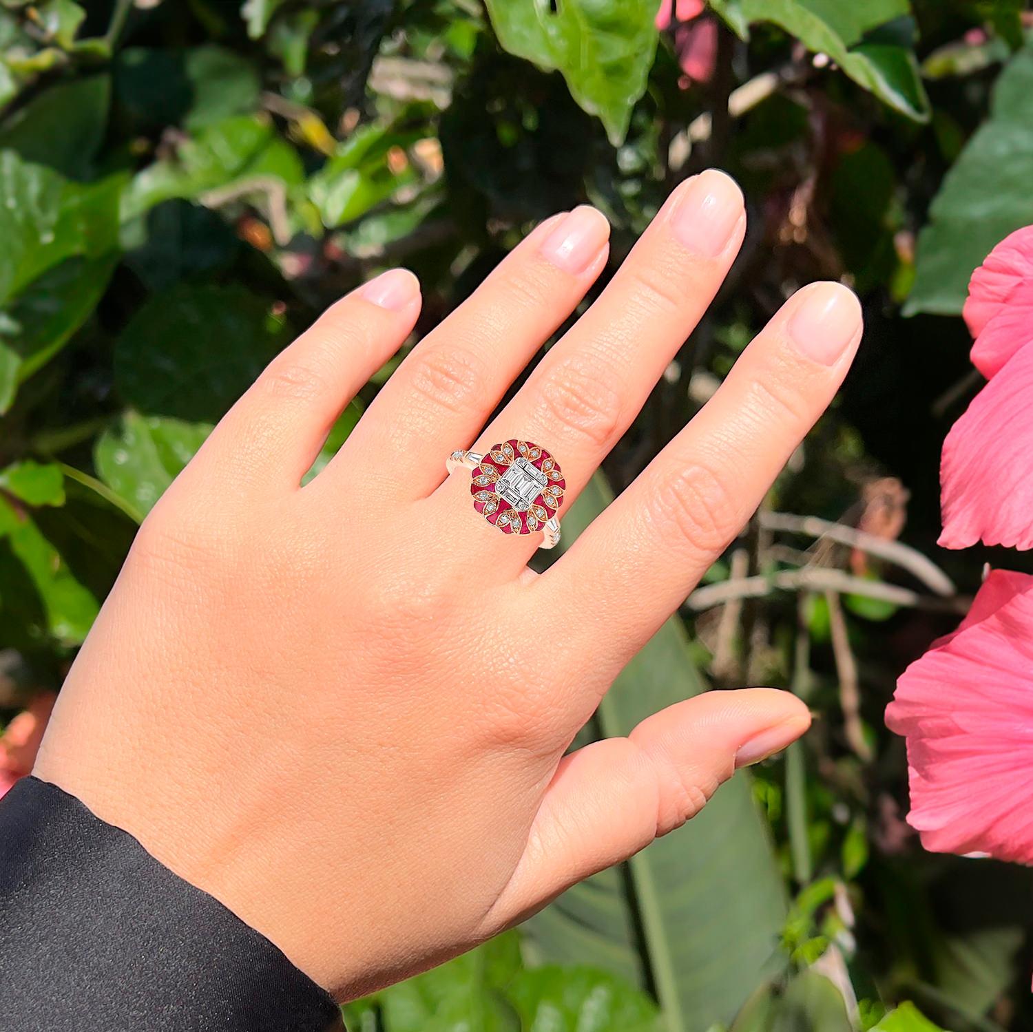 Contemporary Diamond Illusion Set Ring With Rubies 2.02 Carats 18K Rose Gold For Sale