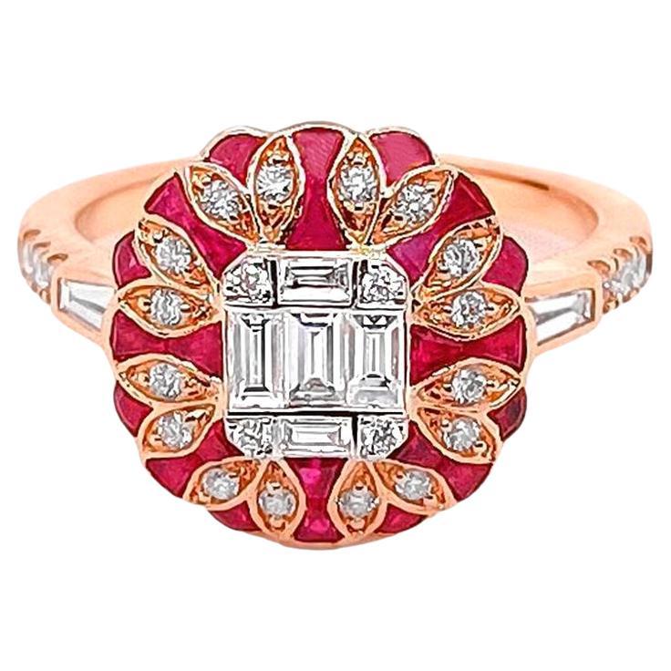 Diamond Illusion Set Ring With Rubies 2.02 Carats 18K Rose Gold For Sale
