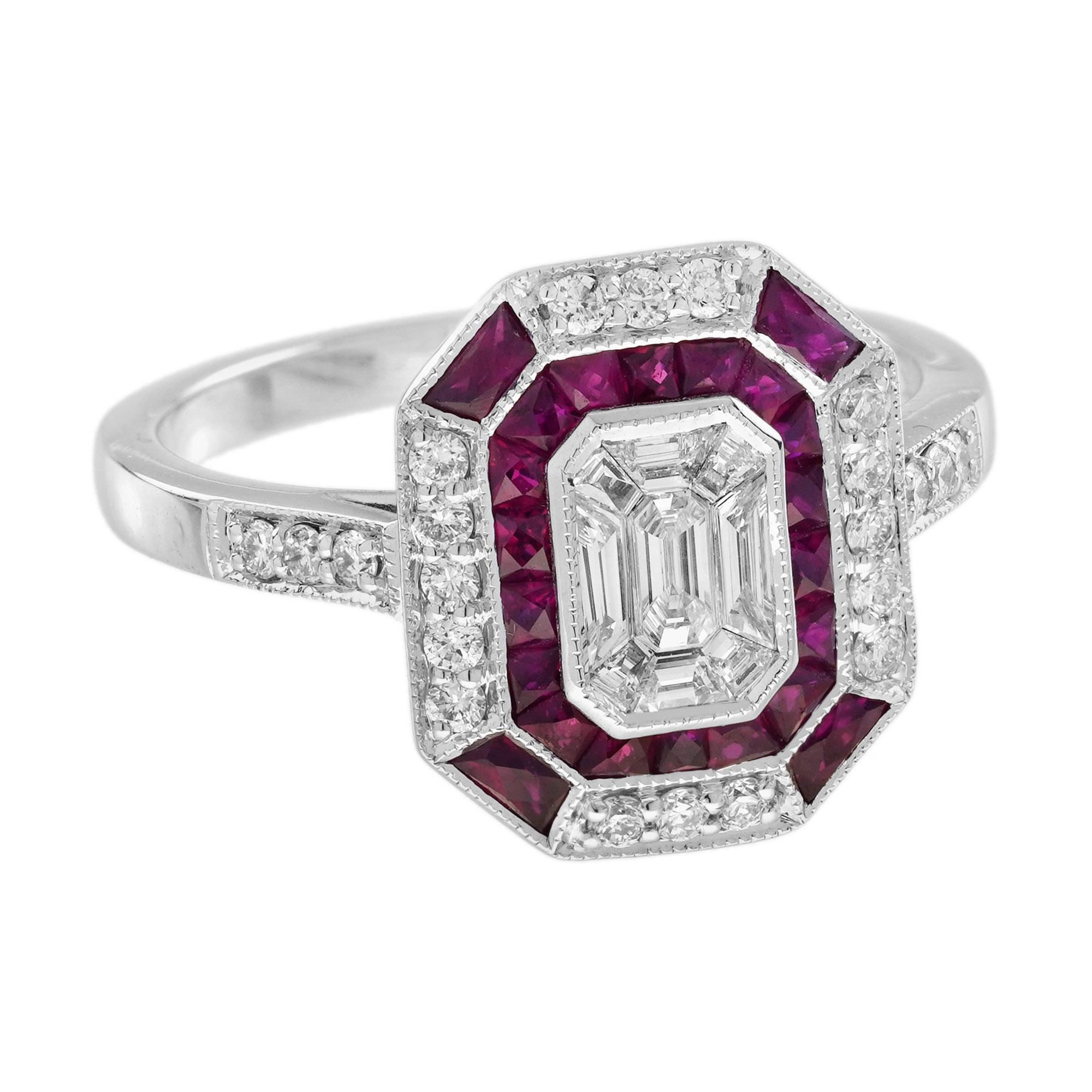 Asscher Cut Diamond Illusion Set with Ruby Art Deco Style Engagement Ring in 18K White Gold