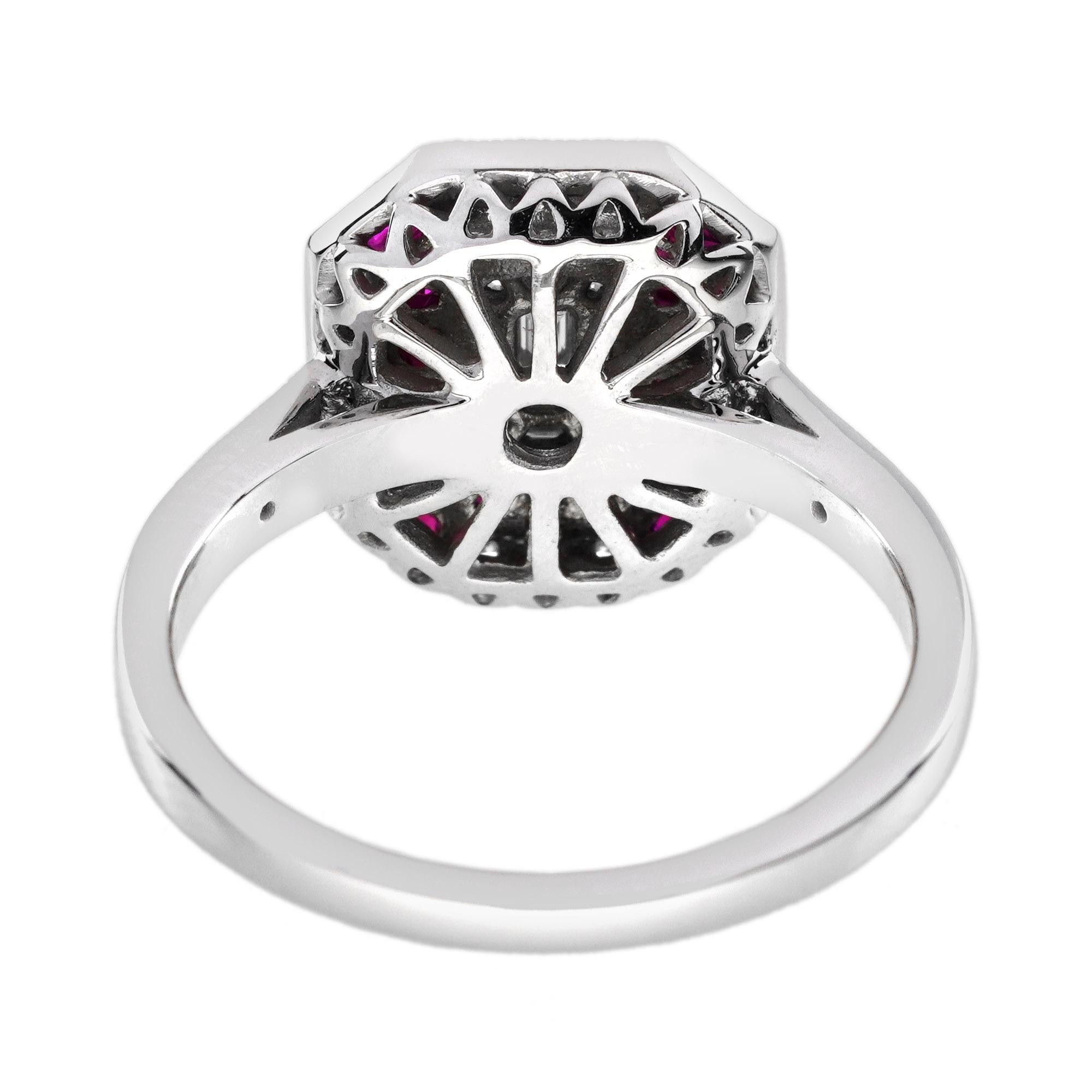 Women's Diamond Illusion Set with Ruby Art Deco Style Engagement Ring in 18K White Gold