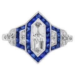 Diamond Illusion Set with Sapphire Art Deco Style Engagement Ring in 18K Gold