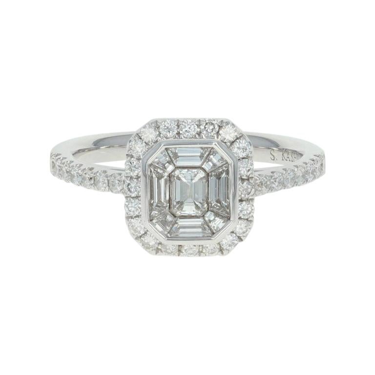 Diamond Illusion Solitaire Ring, 14 Karat White Gold Halo Emerald Cut .82 Carat
