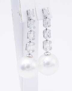 Diamond Illusion South Sea Pearl Drop Earrings 1.50 Carats 18KT Gold 13-14 MM