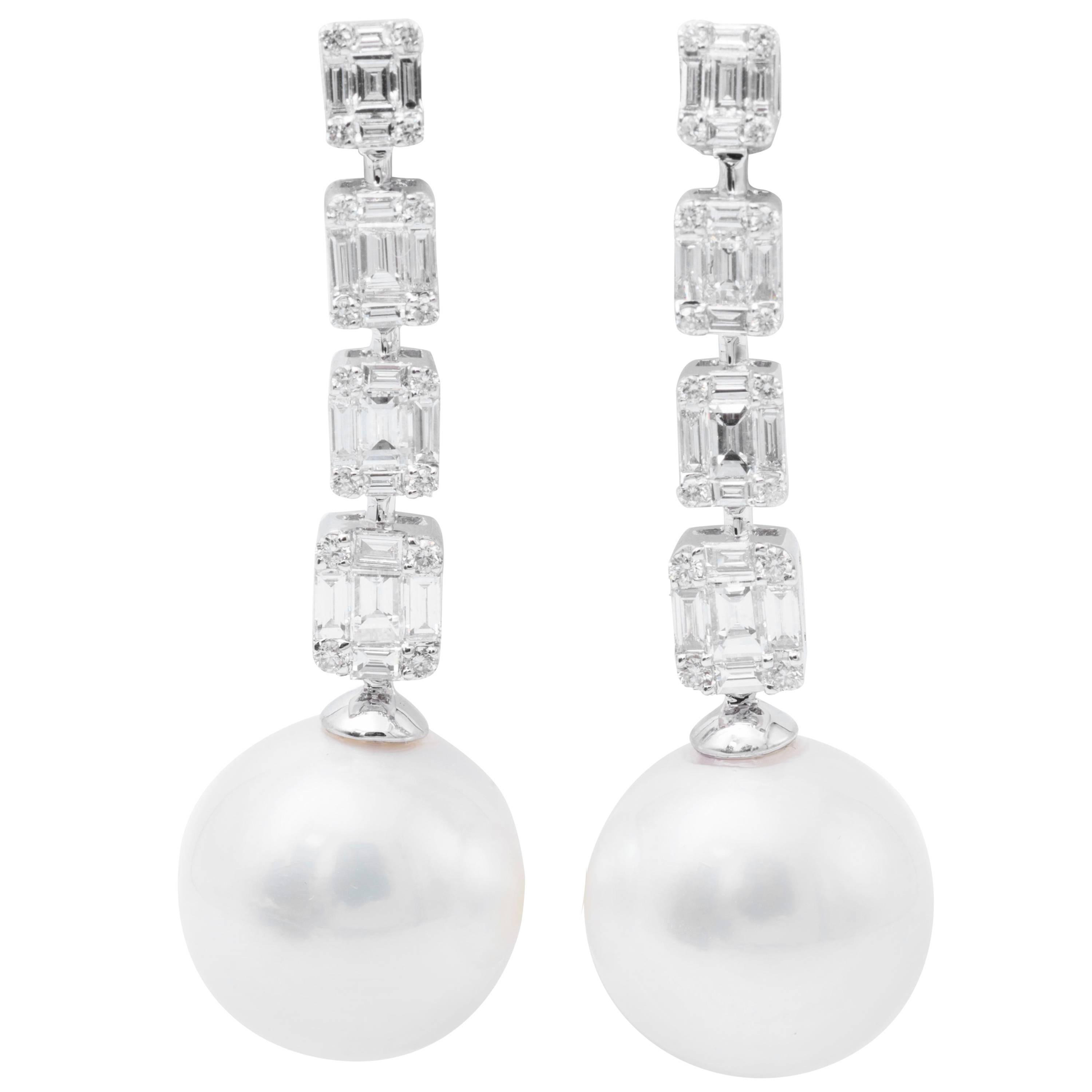 Diamond Illusion South Sea Pearl Drop Earrings 1.50 Carats 18KT Gold 13-14 MM