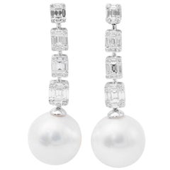 Diamond Illusion South Sea Pearl Drop Earrings 1.50 Carats 18KT Gold 13-14 MM