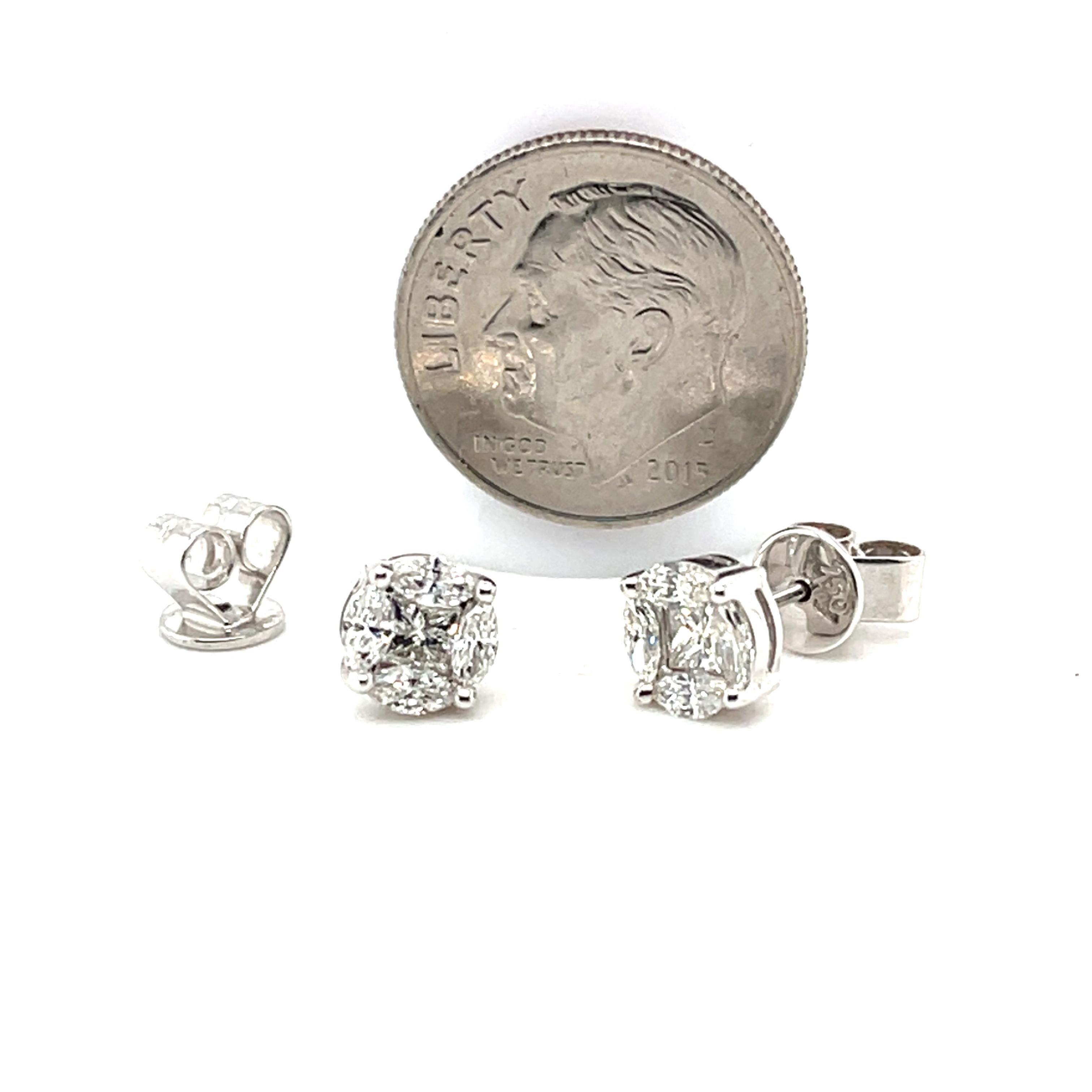 Diamond Illusion Stud Earrings in White Gold, 1.16 Carat Total For Sale 1