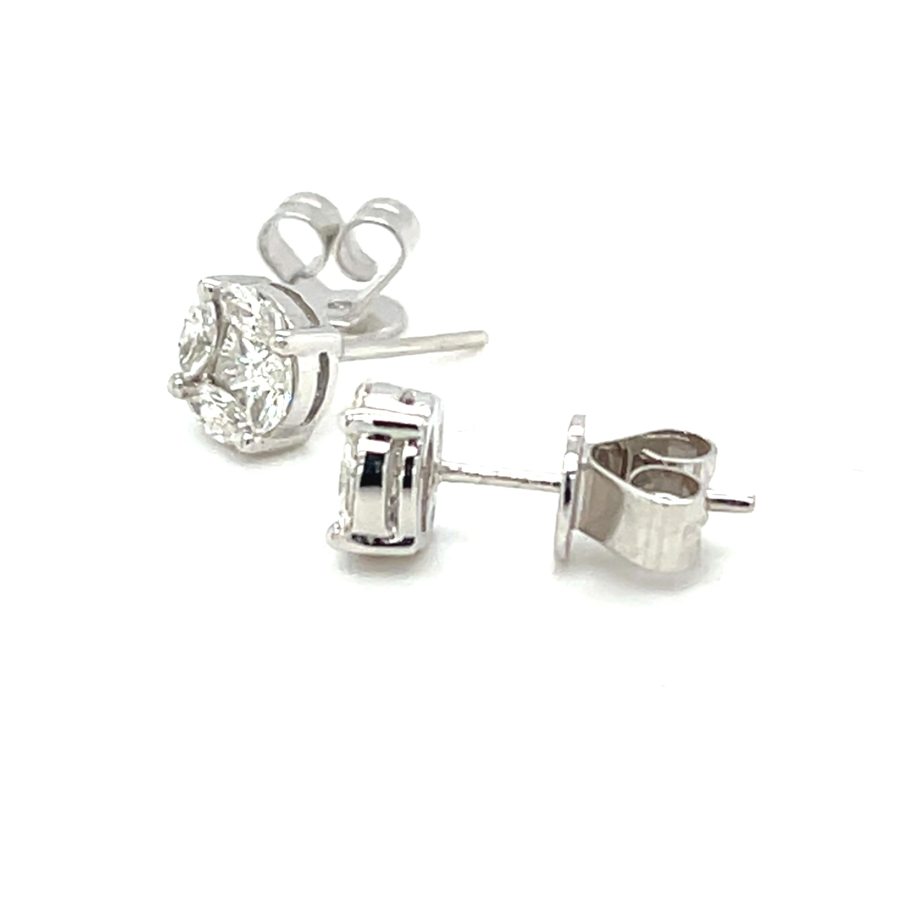 Women's or Men's Diamond Illusion Stud Earrings in White Gold, 1.16 Carat Total For Sale