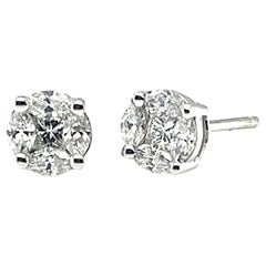 Diamond Illusion Stud Earrings in White Gold, 1.16 Carat Total