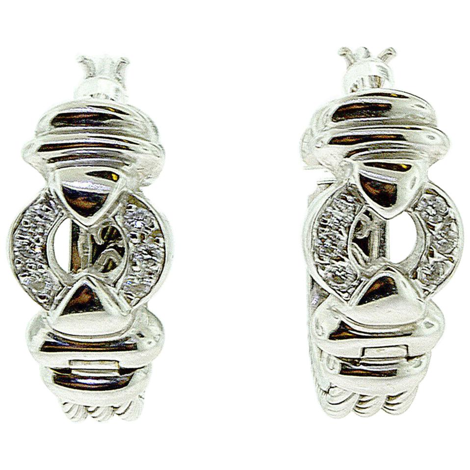 Petits boucles d'oreilles en fil de fer câblé blanc 18 carats avec diamants en vente