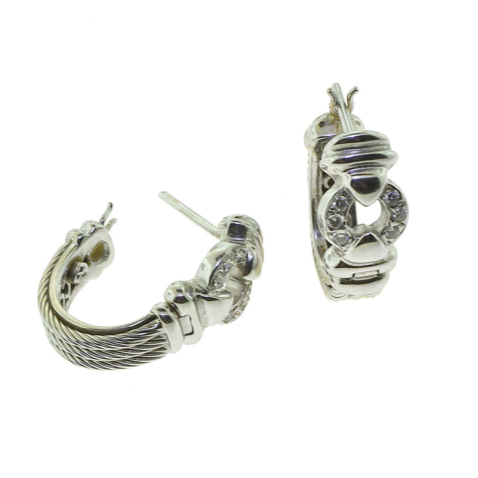 Taille ronde Petits boucles d'oreilles en fil de fer câblé blanc 18 carats avec diamants en vente